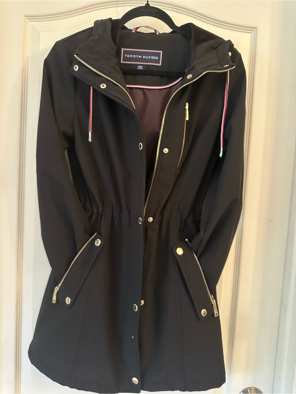 Tommy Hilfiger Black Hooded Utility Jacket Gold Zip Waist Cinch Coat Size S
